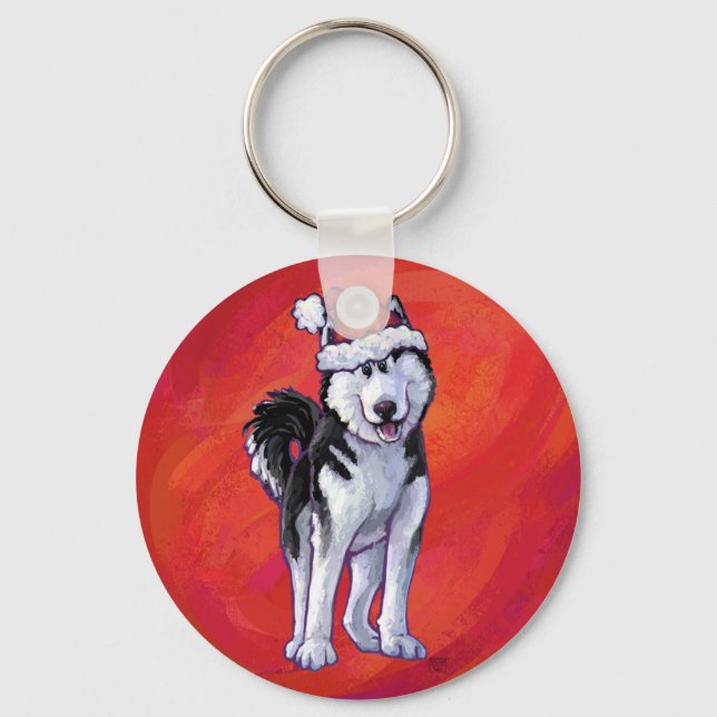 Llavero Husky en Santa Hat en rojo (Anverso)