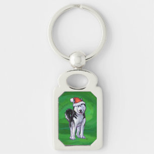 Llavero Husky festivo en Santa Hat en Green