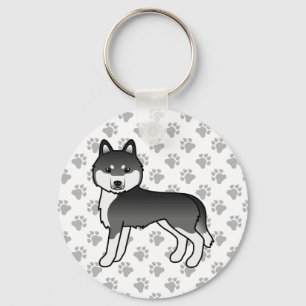 Llavero Husky Siberiano de dibujos animados en blanco y ne