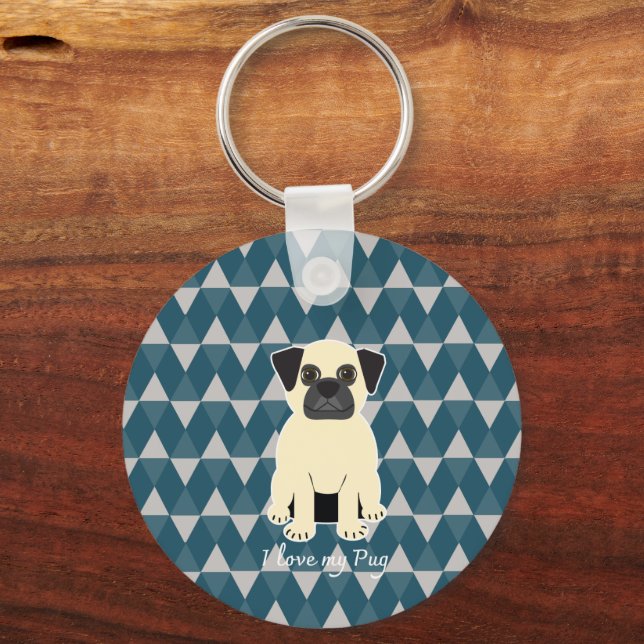 Llavero I love my Pug, Blue diamonds pattern (Anverso)