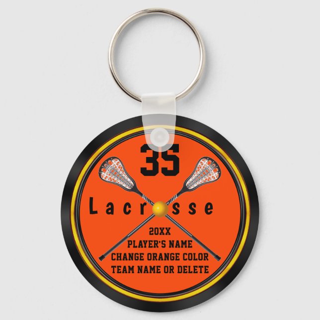 Llavero Ideas de regalo de Lacrosse negro y Naranja, PERSO (Anverso)