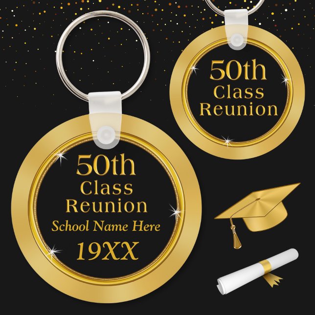 Llavero Ideas de regalo de Reunión de Clase Personalizada, (50 year class reunion souvenirs. Inexpensive 50th class reunion gifts. 50th Class Reunion ideas.)