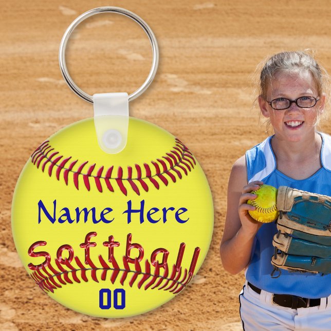 Llavero Ideas de regalo personalizadas del equipo de Softb (Personalized softball gifts for players. Softball party favors or cheap softball gift ideas. Blue)