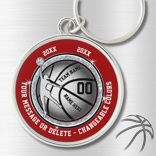 Llavero Ideas Nocturnas Personalizadas de Baloncesto Senio (Basketball gifts for girls. Basketball team gift ideas. Basketball gifts for seniors. Red, White.)