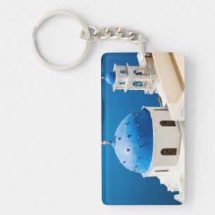 Llavero Iglesia de Grecia Santorini foto azul y texto