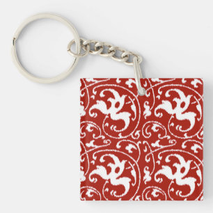 Llavero Ikat Floral Damask - Blanco y rojo oscuro