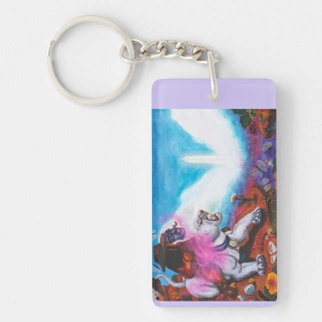 Llavero Ilustracion acuarela Niño monta leona blanca (Frente)