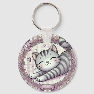 Llavero Ilustración adorable de gato atigrado de dibujos a