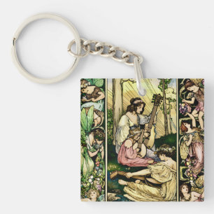 Llavero Ilustración Antigua de Músicos Hadas Art Nouveau