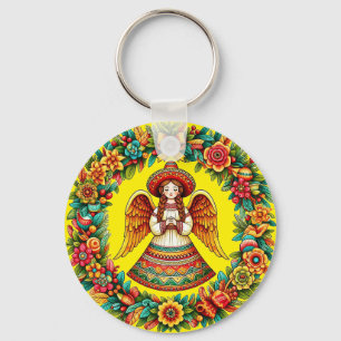 Llavero Ilustración artística de flores de niña ángel mexi