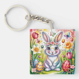 Llavero Ilustración Colorida del Conejo de Pascua con Coro