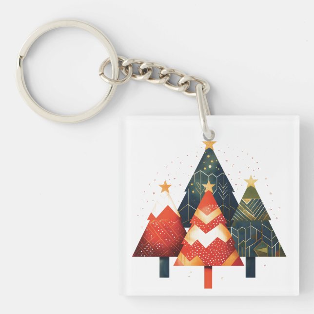 Llavero Ilustracion de árboles de Navidad geométricos mini (Frente)