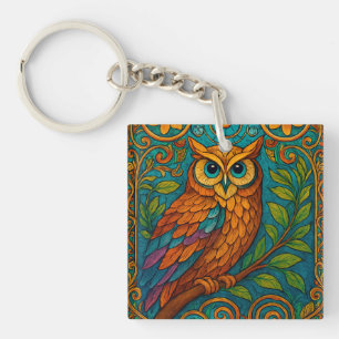 Llavero Ilustración de búho de arte popular místico – Boho