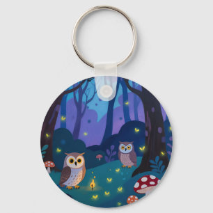 Llavero Ilustración de Búhos del Bosque Nocturno