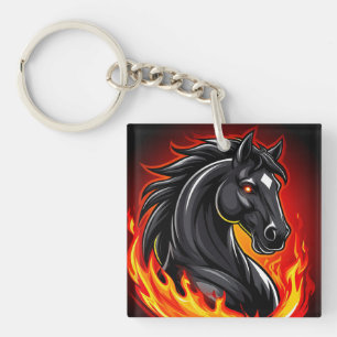 Llavero Ilustración de caballo negro ardiente con ojos bri