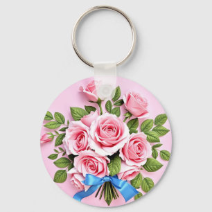 Llavero Ilustración de cinta de ramo de rosas rosadas