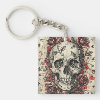 Llavero Ilustración de cráneo y rosas de Grunge Punk