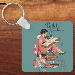 Llavero Ilustración de cumpleaños para amantes de libros a
