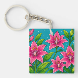 Llavero Ilustración de flores de lirio rosadas con follaje