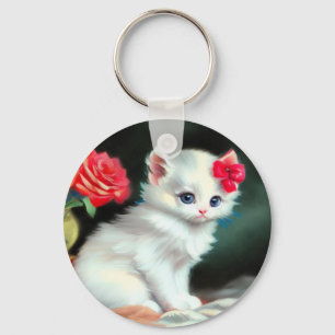 Llavero Ilustracion de gatito blanco con flores rojas