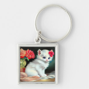 Llavero Ilustracion de gatito blanco con flores rojas