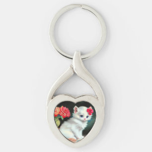Llavero Ilustracion de gatito blanco con flores rojas