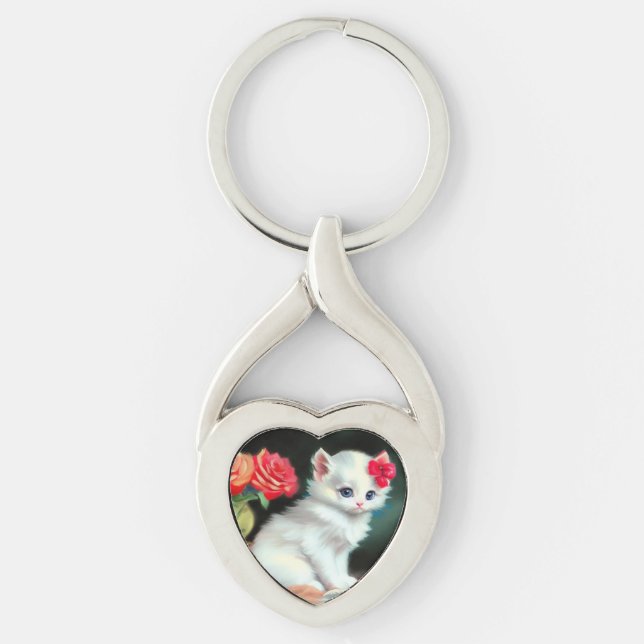 Llavero Ilustracion de gatito blanco con flores rojas (Anverso)