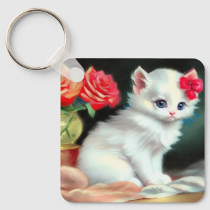 Llavero Ilustracion de gatito blanco con flores rojas