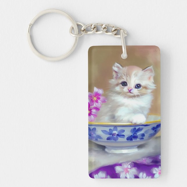 Llavero Ilustracion de gatito blanco vintage (Frente)