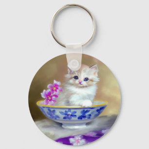 Llavero Ilustracion de gatito blanco vintage