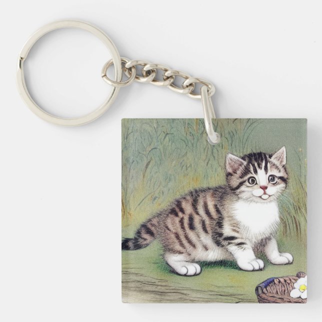 Llavero Ilustracion de gatito vintage a rayas (Frente)