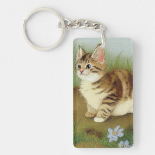 Llavero Ilustracion de gatito vintage con flores