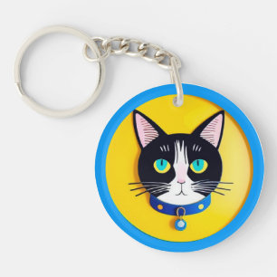 Llavero Ilustración de gato blanco y negro con ojos azules