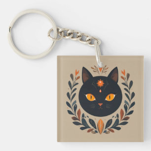 Llavero Ilustración de gato negro con ojos vibrantes