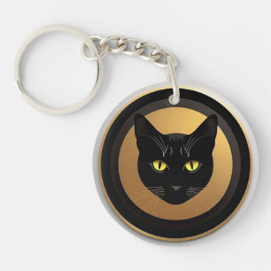Llavero Ilustración de gato negro en círculo dorado