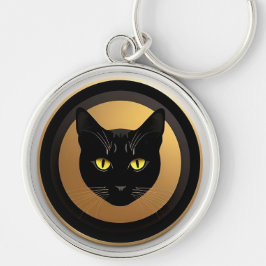 Llavero Ilustración de gato negro en círculo dorado