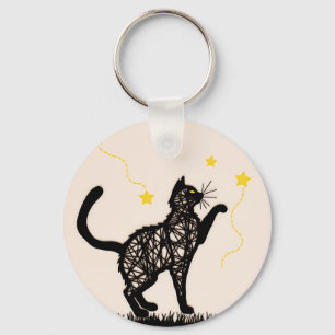 Llavero Ilustración de Gato Negro Estrellas Juguetonas
