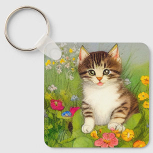 Llavero Ilustracion de gato sonriente vintage