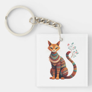 Llavero Ilustración de gato tribal boho Diseño de arte pop