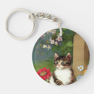 Llavero Ilustracion de gato vintage con flores de primaver