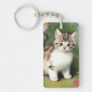Llavero Ilustracion de gato vintage con flores rojas