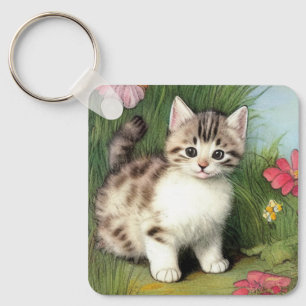 Llavero Ilustracion de gato vintage con flores rojas
