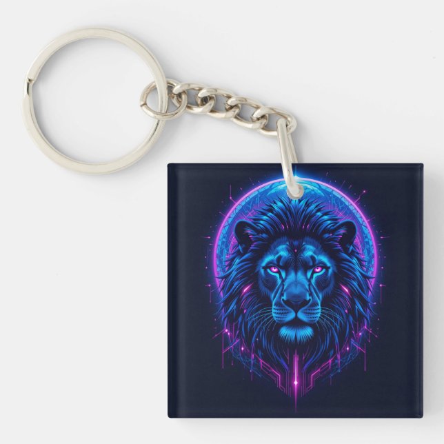 Llavero Ilustración de León Neon con Formas Geométricas (Frente)