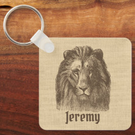 Llavero Ilustracion de león vintage en Burlap Personalizad