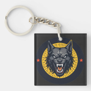Llavero Ilustración de lobo feroz con diseño circular