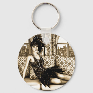Llavero Ilustración de mujer flapper Art Deco sepia
