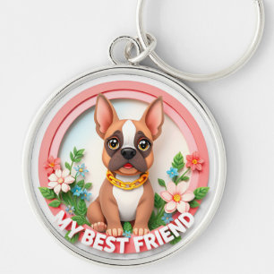 Llavero Ilustración de perro adorable con flores