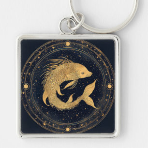Llavero Ilustración de Piscis del Zodiaco Dorado