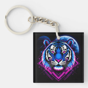 Llavero Ilustración de Tigre Neon con Formas Geométricas