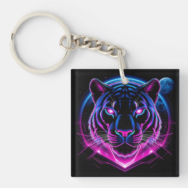 Llavero Ilustracion de tigres de neón con formas geométric (Frente)